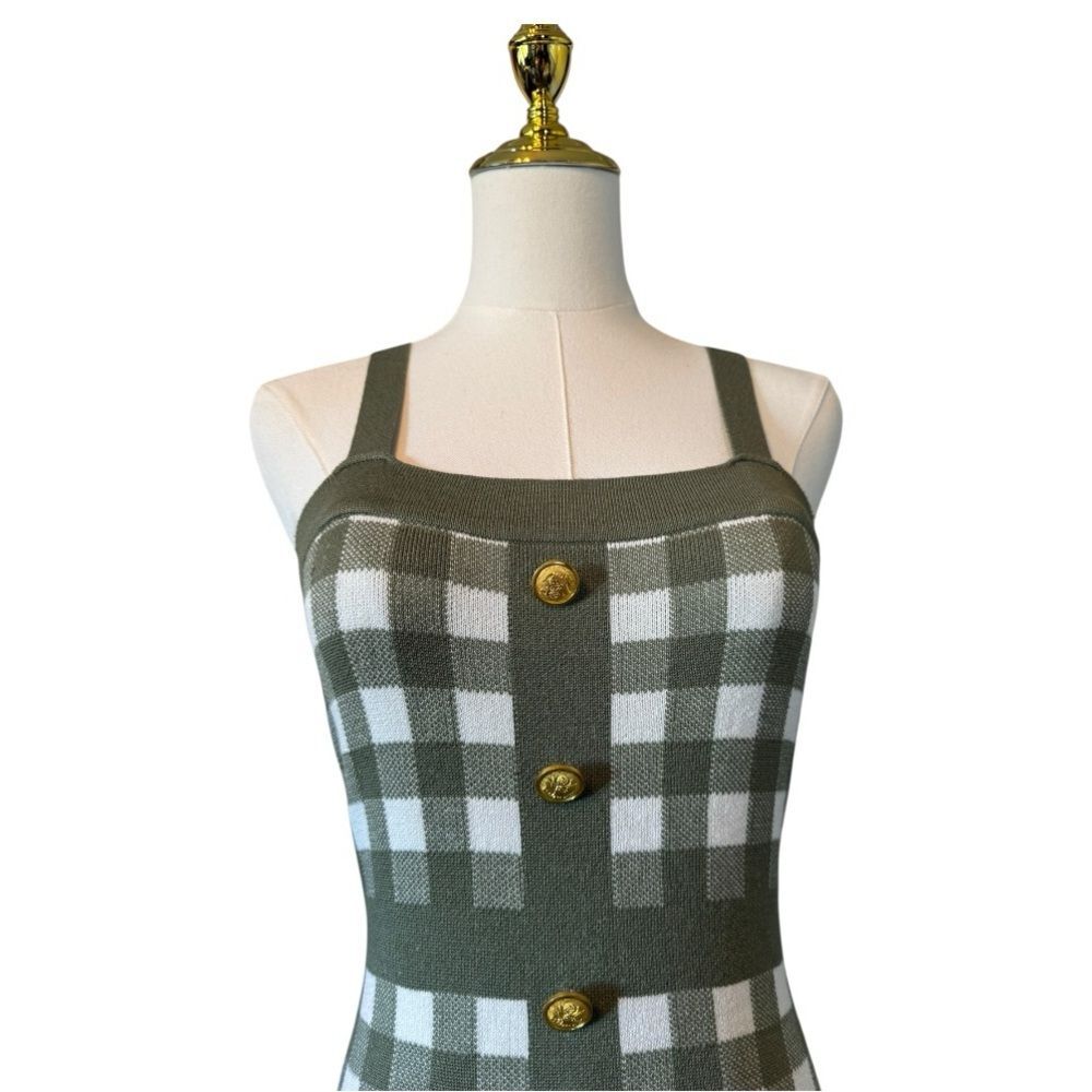 Coco and Shay Green and White Plaid Knit Dress with Gold Buttons Small S - Picture 3 of 8